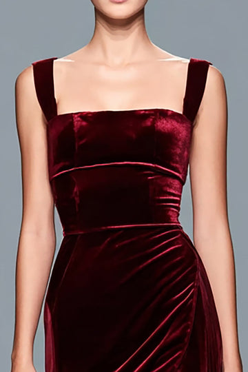 Burgundy Square Neck Velvet Long Formal Dress with Slit